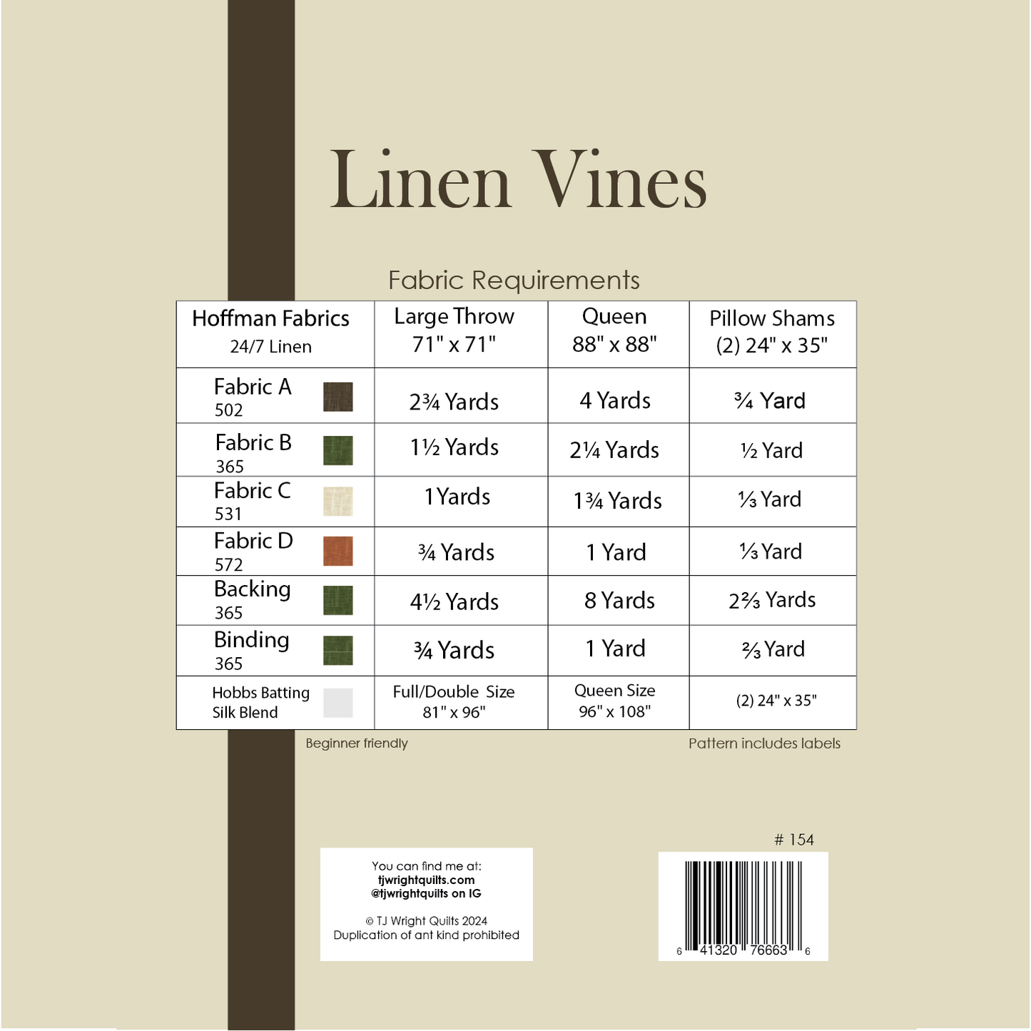 Linen Vines Quilt Pattern Printed Booklet